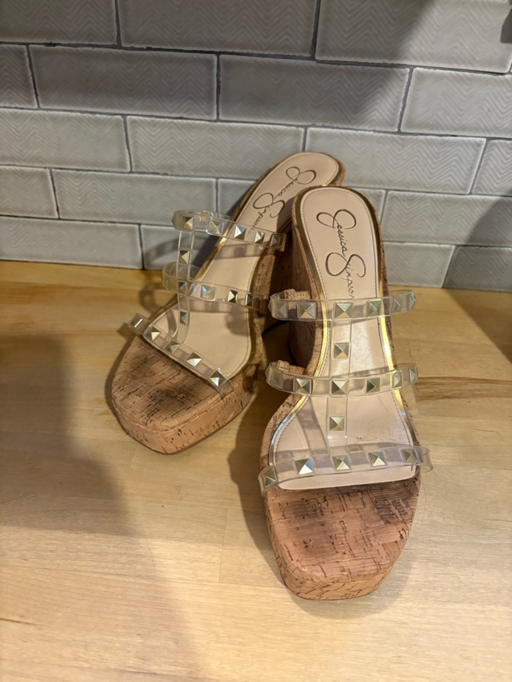 Jessica Simpson Nude Cork Wedge Sandals with Clear Studded Straps/Y2K Club/Beach